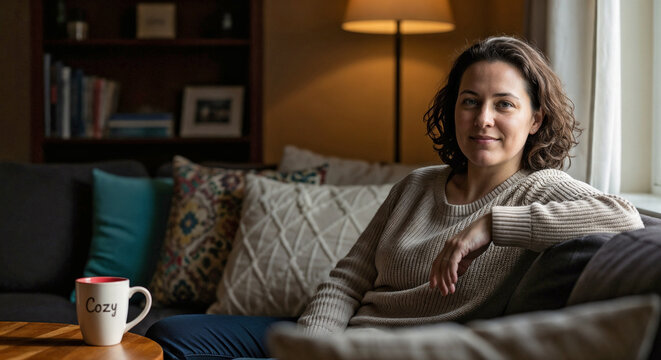 Non-binary person relaxing on comfortable sofa at home, enjoying quiet moment. Non-binary person casually dressed, seated in cozy living room with mug.