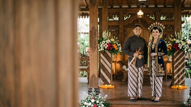 Elegant Javanese Couple in Traditional Central Java Attire at Historic Palace Courtyard, Copy Space area