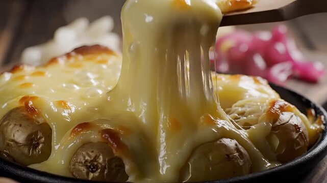 Delicious Raclette Cheese Melting Over Potatoes and Pickles.