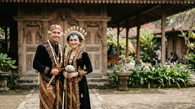 Romantic Javanese Couple Wearing Traditional Central Java Wedding Attire with Elegant Cultural Atmosphere