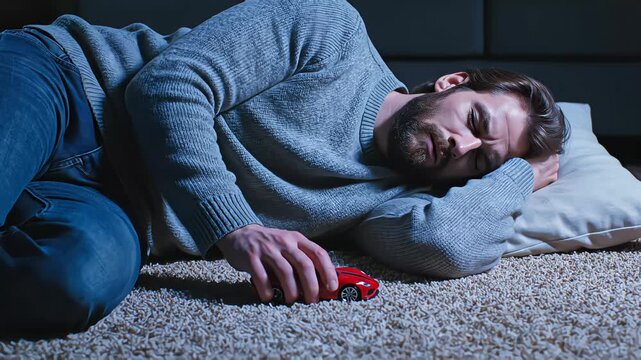 Heartbroken bearded man lying on the floor in a dark room holding a red toy car while grieving the tragic loss of a child