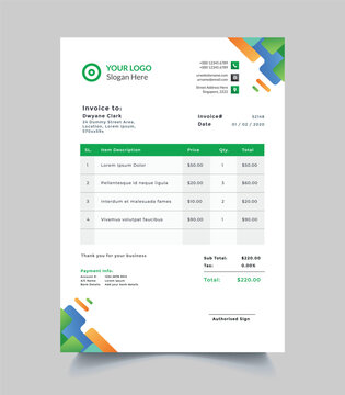 Invoice receipt template with itemized list and colorful geometric accents