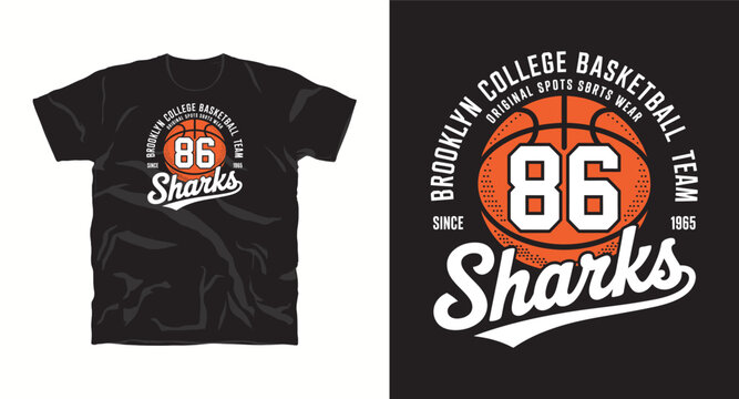 Brooklyn college basketball team sharks apparel t-shirt vector badge.