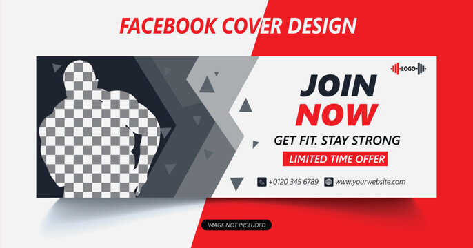Red and white geometric pattern facebook cover with fitness call to action