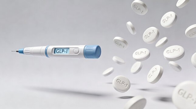 GLP1 medication concept. A GLP-1injection pen and white flying tablets with GLP-1 text. Transition from injectable to oral treatment for weight loss and diabetes