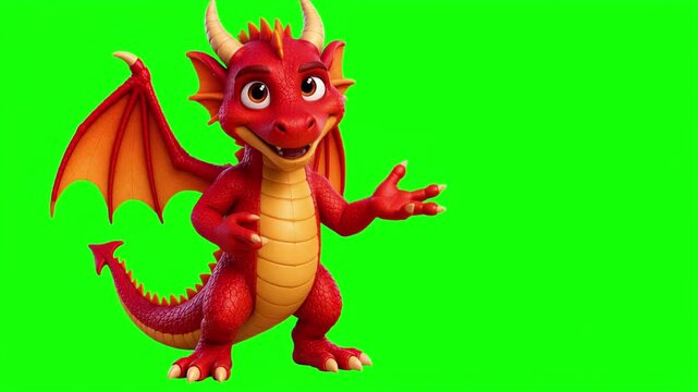 3D animated dragon character talking and explaining, cute comic mascot isolated on chroma key green screen background