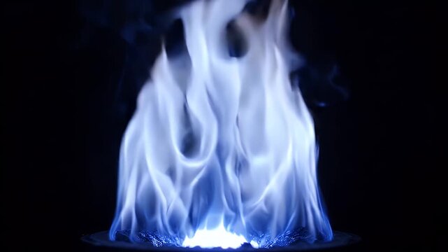 Vibrant blue flame flickers and dances against a stark black background, creating a mesmerizing visual spectacle of light and energy
