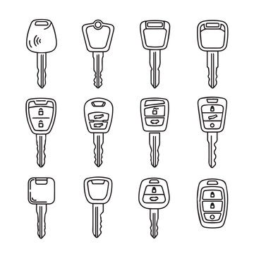 Various car keys and fobs drawn in a simple line art style against a white background for conceptual use