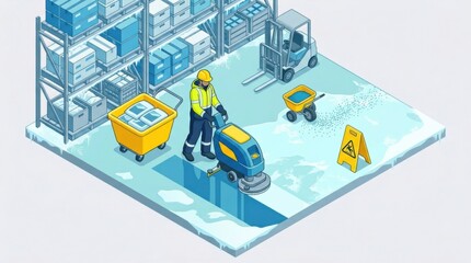 Fototapeta premium Worker uses a machine to apply de-icing solution on the floor of a cold storage warehouse to improve safety and prevent slips.