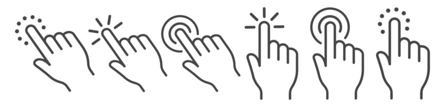 Hand gesture icon set featuring tap, click, scroll, and swipe outlines on white background.