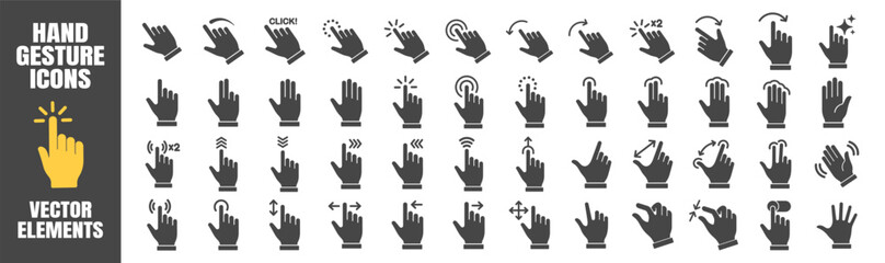 Fototapeta premium Hand gesture icon set with various tap, click, swipe, and pointer symbols. Silhouettes illustrate touchscreen interactions.