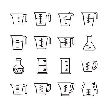 Various measuring cups and flasks in a clean line art style for kitchen and lab use
