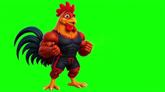 3D animated fit muscular rooster character talking and explaining, sport clothes, cute comic mascot isolated on chroma key green screen background