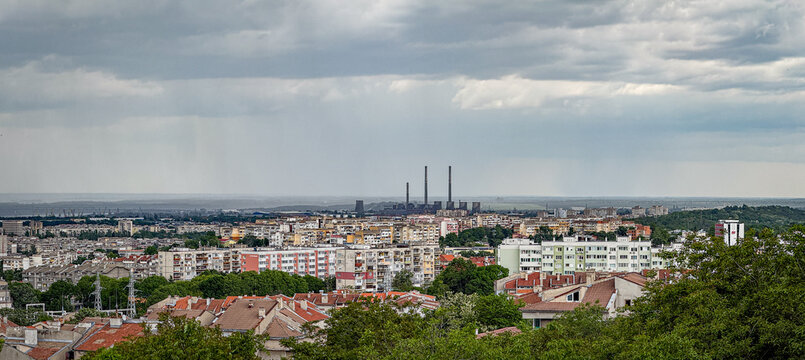 View of the city of the Ruse in Bulgaria with communist era apartment buildings spread along a valley along Danube river