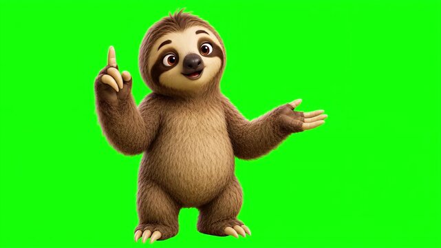 3D animated sloth character talking and explaining, cute comic mascot isolated on chroma key green screen background
