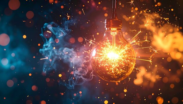 Glowing light bulb explodes with vibrant sparks and smoke in dark room