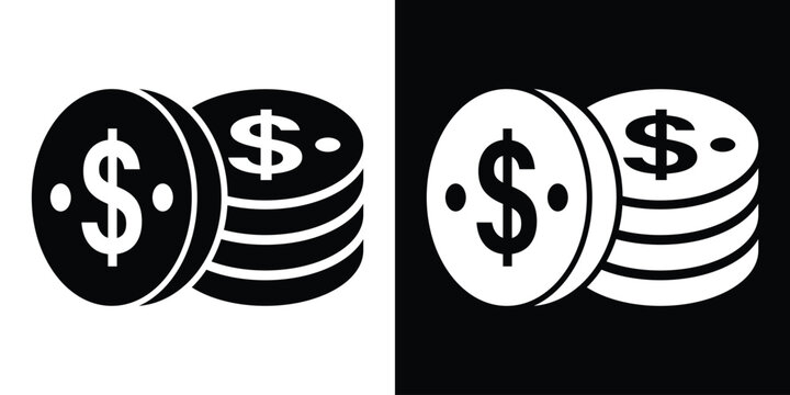A tilted dollar coin leaning against a neat stack of coins. Revenue generation, asset management, and wealth creation icon vector in black and white.