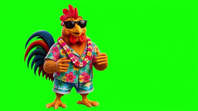 3D animated rooster character wearing a colorful shirt and sunglasses talking and explaining, summer vacation comic mascot isolated on chroma key green screen background