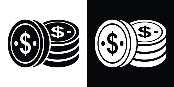 A tilted dollar coin leaning against a neat stack of coins. Revenue generation, asset management, and wealth creation icon vector in black and white.