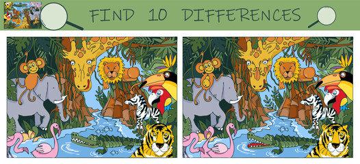Fototapeta premium Find the differences game. Animals in tropical jungle or rainforest. Sketch vector illustration