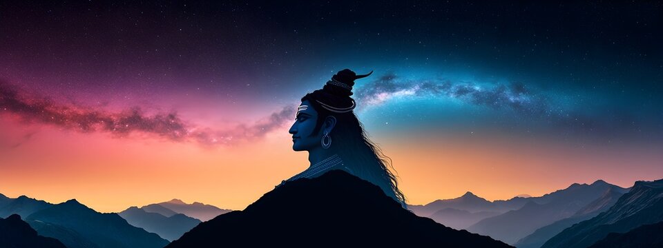 Silhouette of Lord Shiva meditating against the breathtaking Milky Way galaxy in the night sky. Hindu deity portrait representing peace and cosmic energy. Banner with copy space