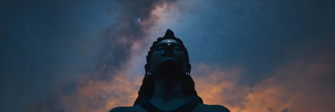 Silhouette of Lord Shiva meditating under the Milky Way galaxy. Hindu deity in deep contemplation against a starry night sky. Banner with copy space