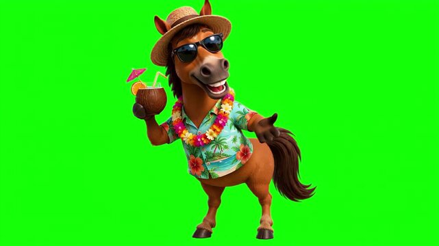 3D animated horse character wearing a colorful shirt and sunglasses holding a cocktail talking and explaining, summer vacation comic mascot isolated on chroma key green screen background