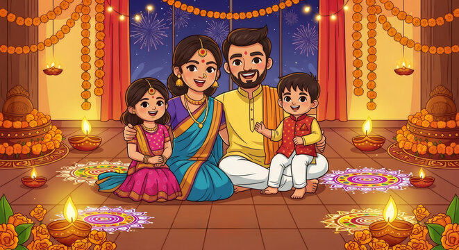 Happy Indian Hindu family, man, woman, boy, and girl, celebrating Diwali with traditional lamps, marigold garland, rangoli, and fireworks. Joyful festival background.
