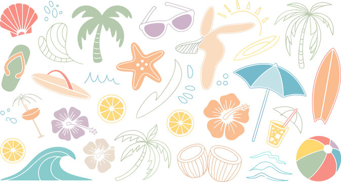 Pastel summer beach doodle collection, tropical vacation vector elements with palm trees and surfboards, hand drawn ocean holiday icons set Editable vector