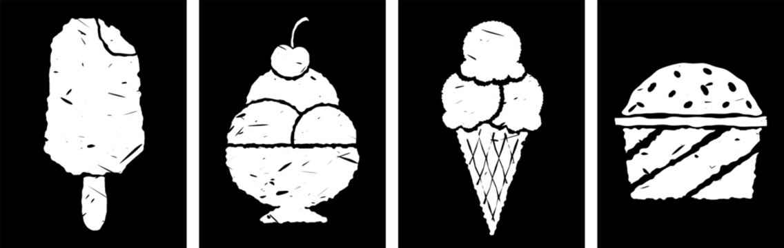 white chalk hand drawn ice cream posters set on black chalkboard background for summer cafe menu dessert design and banners