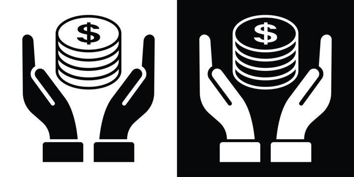 Human hands holding and protecting a stack of dollar coins. Financial protection, wealth insurance, investment care icon vector graphic in black and white.