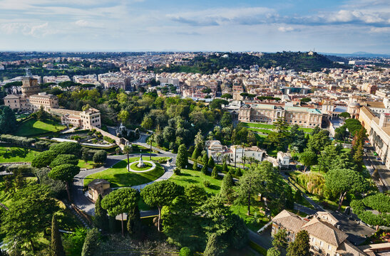 panoramic view of Rome, Italy, likely taken from the dome of St. Peter's Basilica in Vatican City, Europe 