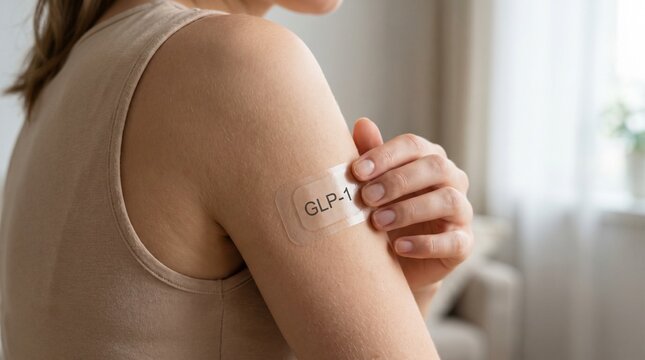 Woman applying a transparent GLP-1 transdermal patch to her arm. Future painless alternative to injections for weight loss and diabetes treatment concept.