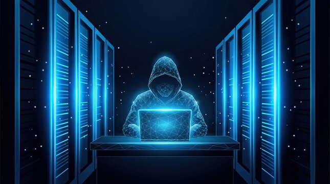 Cybersecurity hacker working on laptop in glowing data server room