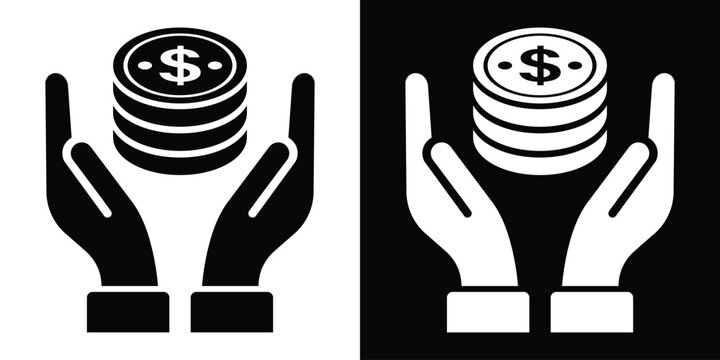 Human hands holding and protecting a stack of dollar coins. Financial protection, wealth insurance, investment care icon vector graphic in black and white.