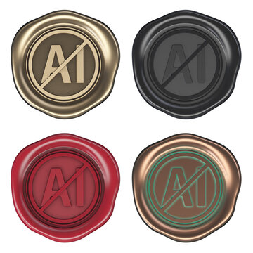 Wax seal "NO AI", No-AI icon. 3D Render in various colors.
