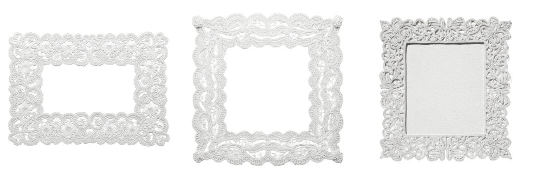 Set of Ornate White Square Lace Frames Decorative Border Filigree Mandala PNG Oil Paint
