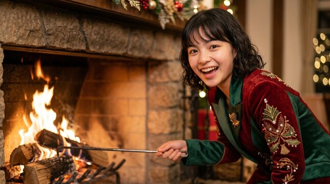 A joyful young woman in a festive velvet jacket smiles while using a poker to tend a roaring fire inside a stone fireplace, conveying cozy holiday warmth and rustic cheer.