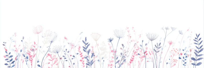 Fototapeta premium Watercolor wildflower meadow border illustration with delicate pastel stems and leaves.