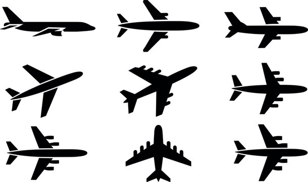 Set of nine black airplane silhouettes in various angles and flight positions