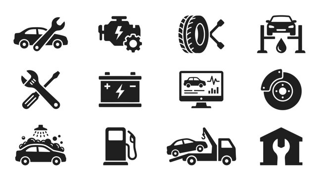 Black icons of car repair tools.