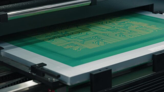 Close-up view of a circuit board being printed, showcasing the green overlay and detailed electronic patterns during the manufacturing process