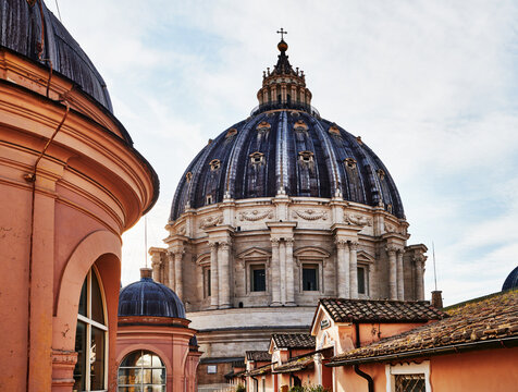 exterior dome and upper architecture of St. Peter's Basilica (4th century) in Vatican City, Rome, Italy, Europe 