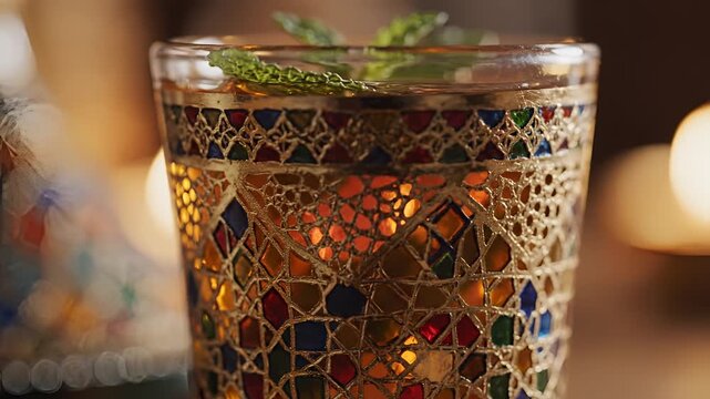 Closeup of a Moroccanstyle glass with tea and mint garnish.