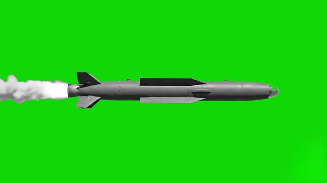 A clean, detailed 3D model of a long-range surface-to-surface cruise missile with aerodynamic wings, stenciling profile, and military markings, shown in profile view against a solid green screen backd