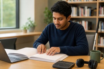 Fototapeta premium blind student studies with a braille book at a library table beside a laptop, highlighting accessible learning, academic independence, concentration and inclusive education
