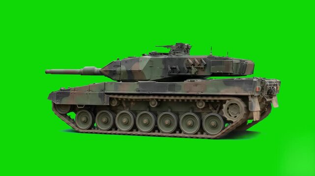 A heavy armored military combat tank driving forward in a continuous side view loop. This detailed 3D vehicle asset with a classic green and brown camouflage pattern is isolated on a bright green chro