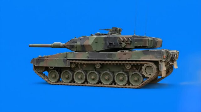A heavy military combat tank with a green and brown camouflage pattern moving in place. The wheels and continuous tracks rotate rapidly against a solid blue screen chroma key background, designed for 