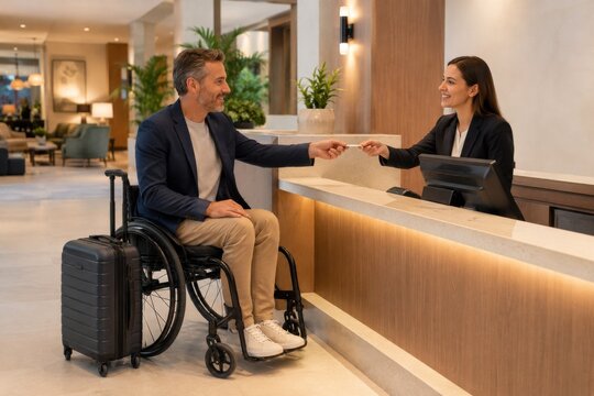 wheelchair user checks in at an accessible hotel reception with luggage, showing inclusive hospitality, barrier free travel service and confident independent tourism