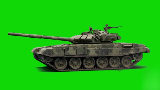 A heavy armored military combat tank driving forward in a continuous side view loop. This detailed 3D vehicle asset with a classic green and brown camouflage pattern is isolated on a bright green chro